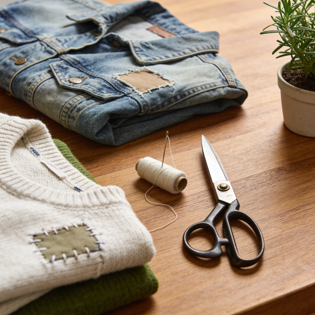 Manos arreglando una prenda con hilo y aguja para reutilizar ropa y consumir mejor